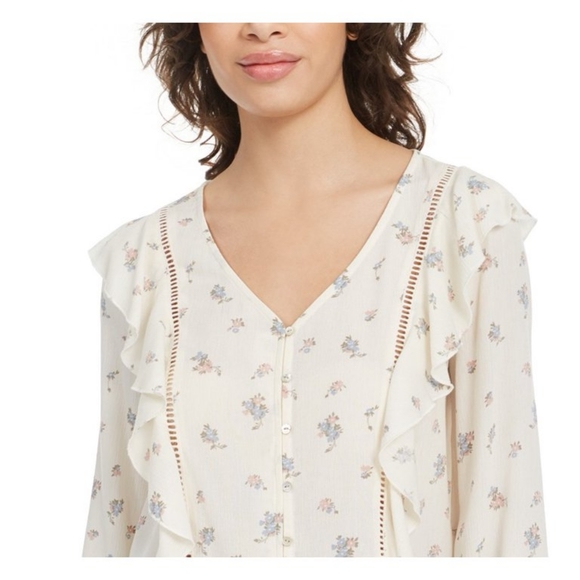 Planet Gold Shirt Women's Medium Ivory Chiffon Floral Long Sleeve Frill Shoulder - Picture 2 of 10